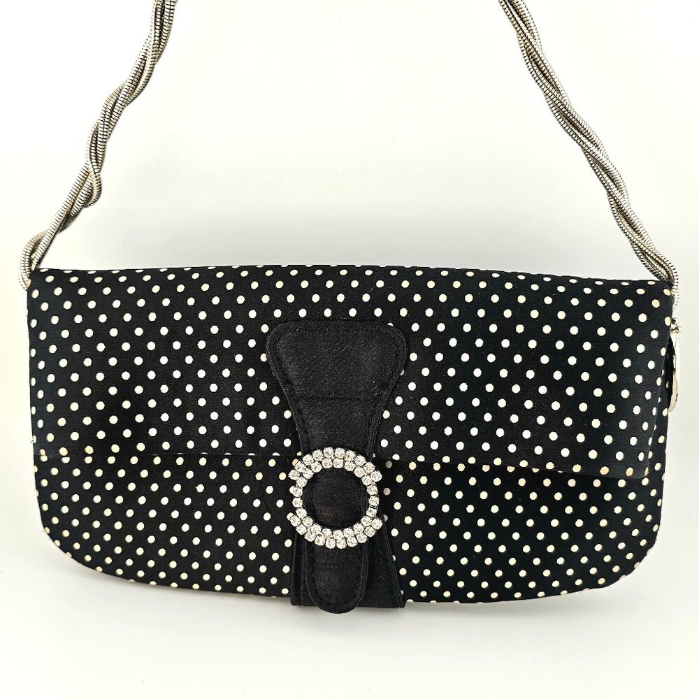 Steve Madden Polka Dot Convertible Clutch – Rhinestone Detail – Removable Chain